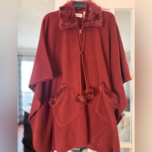 LeModa Burgundy Faux Fur Trim Cape/Poncho - One size